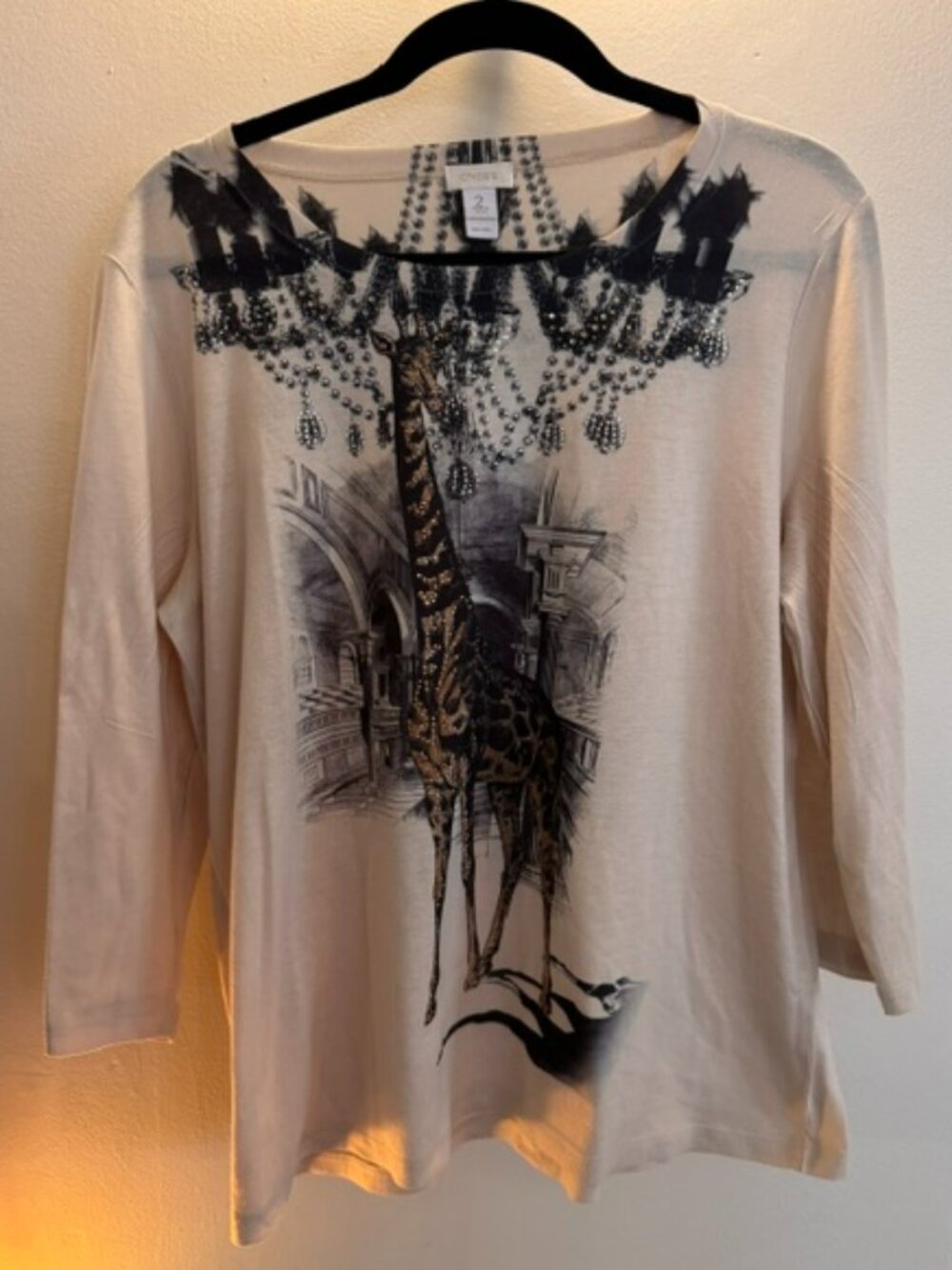 Chico's top -giraffe under a chandelier w/embellishments